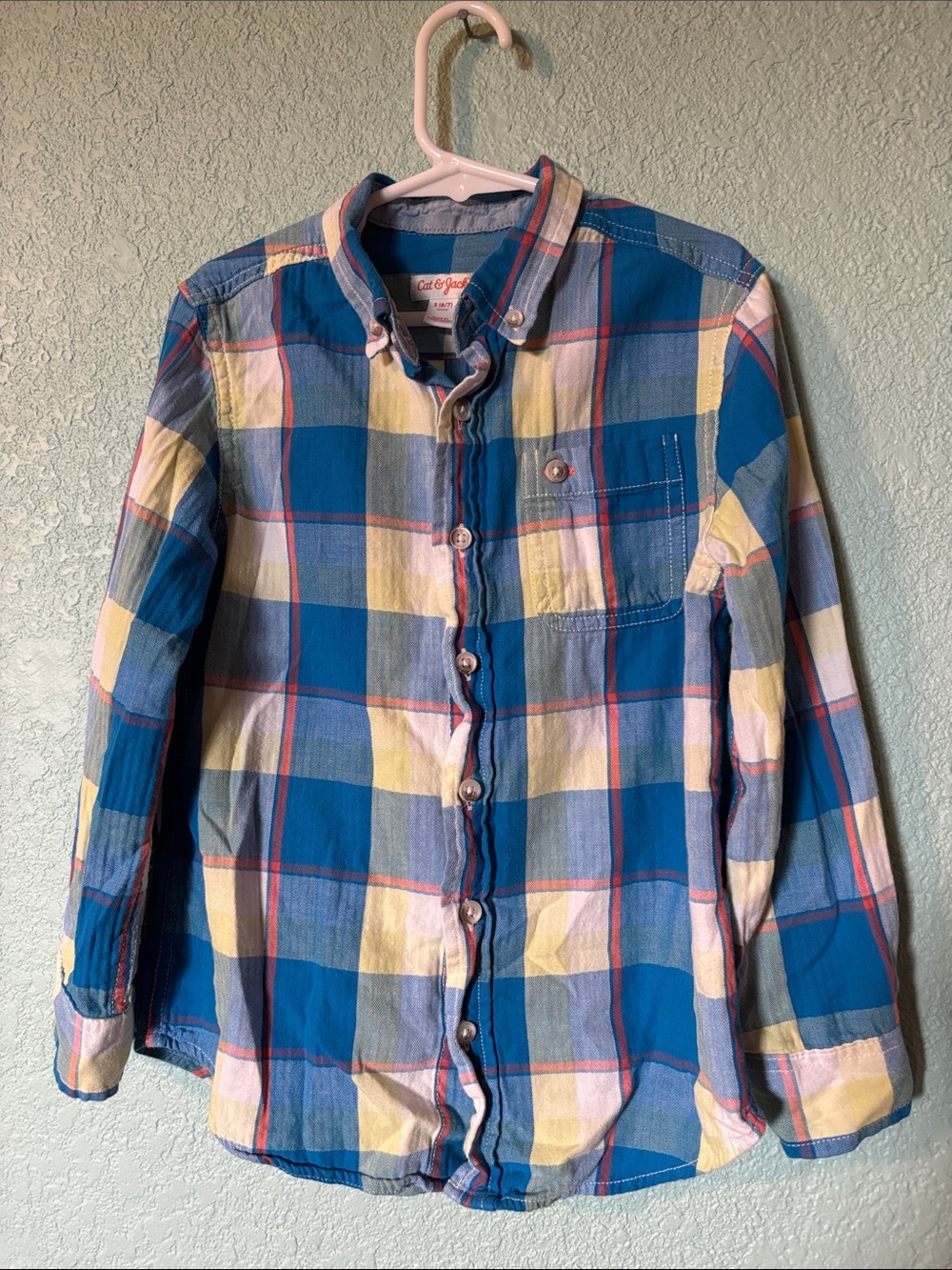 Cat & Jack Blue and Yellow Plaid Long Sleeve Button-Up Shirt Boys Size S 6/7